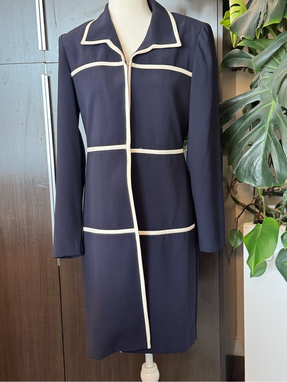 Danny & Nicole Navy Long Sleeve Dress with Cream Trim - Picture 1 of 9